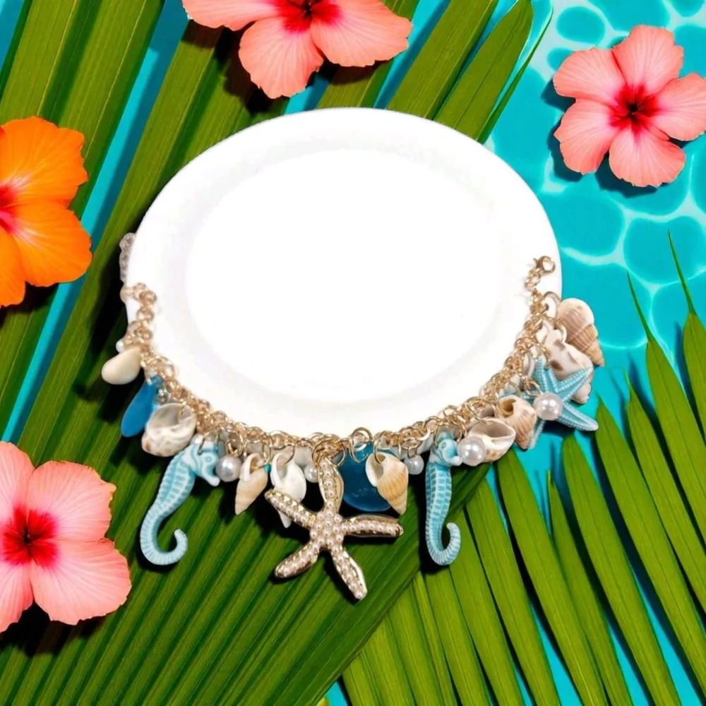Ocean-Themed Charm Bracelet with Blue‎ and Gold Color Accents